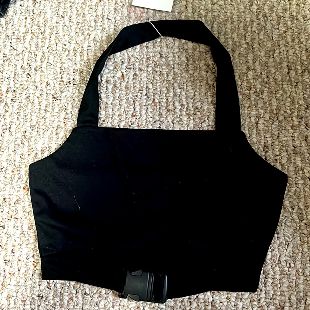 Fashion Original Design Black Open Back Cutout Front With Buckle Top Size Small